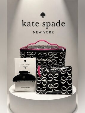 🌸3-Pc Set🌸kate spade NY Jae Elegant Bow-Print Cosmetic/Makeup Case & Hair Clip